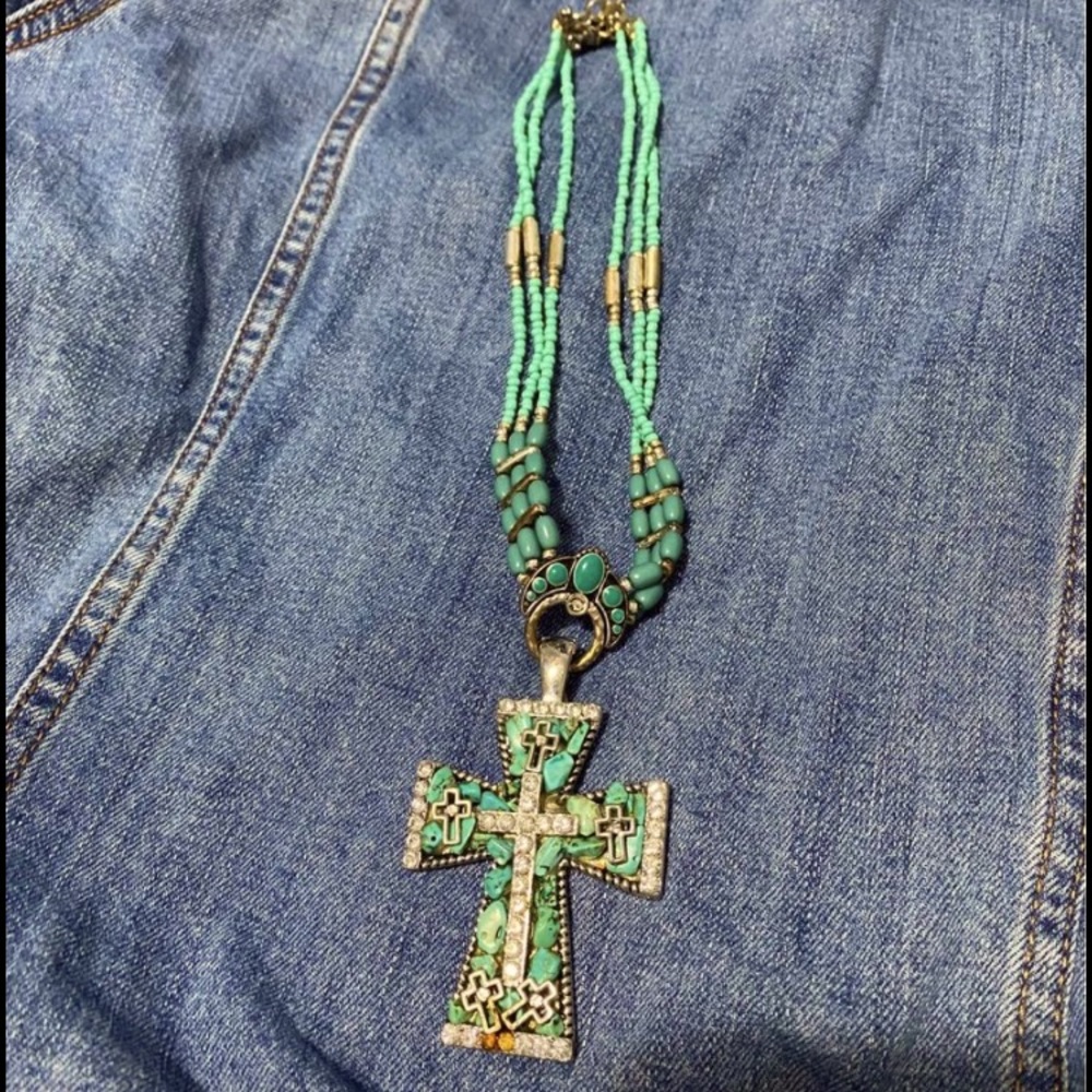 Country Cross necklace - turquoise and crystal beads